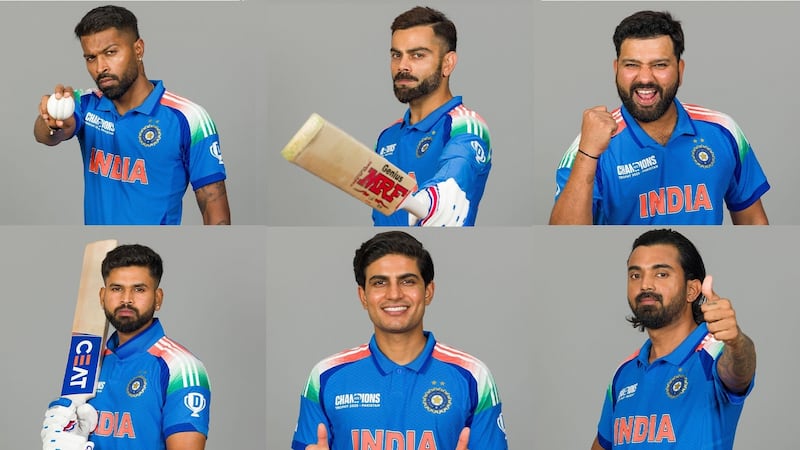 Members of India’s national cricket team ahead of the 2025 ICC Champions Trophy which they won. Clockwise from top left are Hardik Pandya, Virat Kohli, Rohit Sharma, KL Rahul, Shubman Gill and Shreyas Iyer.