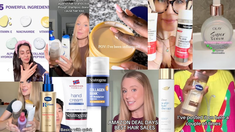 A collage of mass beauty products