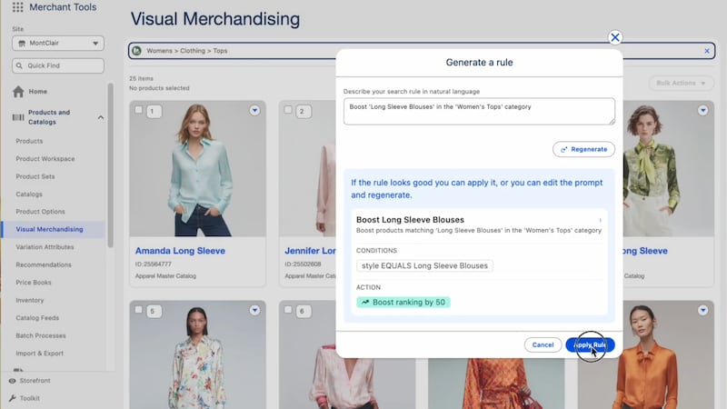 A user enters a prompt to boost long sleeve blouses in the women's tops category within Salesforce's merchandising agent.