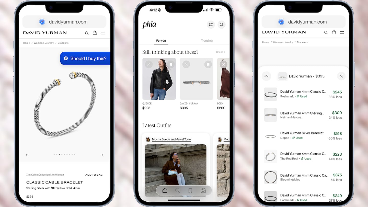 A collage of Phia's user interface