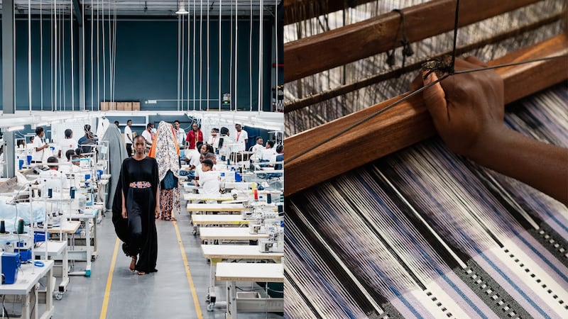 A campaign for Asantii shot in the Rwandan brand’s factory (L); the Cabes artisans of Burkina Faso created faso dan fani fabric used by the brand (R).